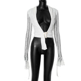 Women's Sexy Low-Collar Lace Splicing Horn Long Sleeves On The Top DJPT