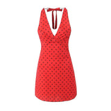 Niche Hanging Neck Sling Dress Sexy V Collar Bare Red Wave Point Hottie Holiday A Short Skirt