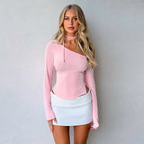 Women's INS Spring New Net Color Care Machine Slanted Shoulder Long Sleeves Hottie T-Shirt DJPT