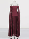 Famous Wind 2025 Summer New One-Word Shoulder Ribbon Sleeve Design Top + Folded Mesh Dress Suit Female