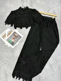 Collar Short-Sleeved Lace Top + Tight Waist Tie With Lace Spliced Wide Leg Trousers Set Woman