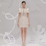 2025 Summer Three-Dimensional Floral Pattern Splicing Lattice Dress Single Row Pearl Buckle Skirt