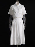 Summer New Collar Short-Sleeved Shirt + High Waist Long Skirt Lace Embroidery Two-Set Suit Woman