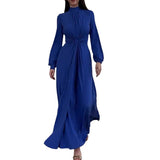 Women's Half-High Collar Lantern Sleeve Dress High-Waisted Knot Design Dress