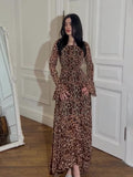 2024 New Chiffon Leopard-Print Lotus Sleeve Temperament Long Splicing Irregular Dress