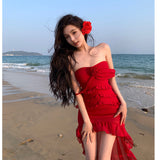 Sexy Pure Lust Wind Heavy Industry Lotus Side Drag Tail Irregular Braid Dress Holiday Red Chiffon Dress
