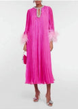 2024 New Round-Neck Heavy Industry Nail Nails And Fur Folding Process Horn Sleeve Long Dress