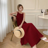 Red Seaside Holiday Sling Dress Women's Summer 2024 New Temperament Loose 100-Folded Long Dress Super Fairy