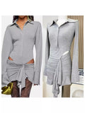 Babes Gray Long-Sleeved Polo Collar Short Dress Girl Niche Fall Sexy Irregular Hollow Dress