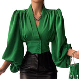 Explosion Spring New Temperament Button V Collar Lantern Sleeve T-Shirt DJPT