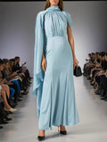 Famous Style Dress Women's Dress 2025 Spring New Collar Shoulder Fold Design Long-Sensely Fasting Skirt