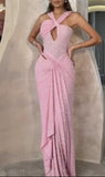 Women's New Fashion Solid Color Hanging Neck Sleeveless Glitter Dress HZ0628