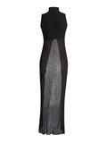 Women's Clothing 2025 Spring Personality Standing Sleeveless Open Forked Perspective Knitting Sexy Long Top