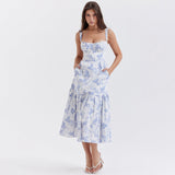 New Long Dress Print Sling Skirt Word Shoulder Fold Lace Crumped Dress