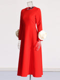 Spring New Temperament Style Simple Atmosphere Round Three-Dimensional Flowers Spliced Long Dress Dress Woman