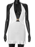 Women's Sleeveless Backs And Folds Folding Leaves Tight-Body Hanging Neck Dress DJPT