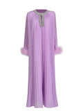 Selling Explosion Famous Wind 2025 Spring New Round Collar Studded Hundred Folded Ostrich Hair Pure Color Dress