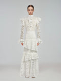 Summer New Collar Horn Long Sleeve With Waist Hollow Lace Dress Suit Woman