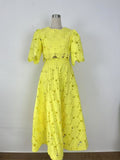 Spring And Summer Embroidery Hollow Round Horn Short Top + Holiday Water-Soluble Lace Skirt Dress Suit