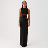 Women's Solid Color Translucent Hollow Lace Twist Belt Dress DJPT