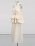 High-End Famous Wind Long Lotus Leaf Dress 2025 New Women's Sleeveless Straight Collar Solid Dress
