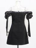 Wind Ribbon Skirt 2025 Summer New Word Shoulder Bow Splicing Bare Back High-End Feel Dress