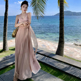 Fragmented Hanging Neck Dress Spring And Summer Holiday Wind Pure Lusty Folding V-Neck Net Yarn Long Dress Girl