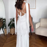 2024 Women's Sexy Beach Wind Hanging Neck Deep V Bare Back Strap Long Textured White Dress