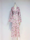 Beautiful Floral Dress Niche Design Super Fairy Pink V Collar Folds Waist Dress French 2024