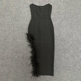 Open Fork Bra Feather Bandage Repair Body Elastic Party Mid-Long Dress Dress Dress