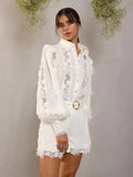 New Temperament Hollow Embroidered Lantern Sleeve Tops Shorts With Belt Belt Waist