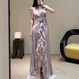 Sleeveless V-Necked Neck Dress With Wooden Ears Exposed Back Long Dress Beach Beach Seaside Holiday Dress