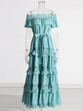 Court Style 2025 New Heavy Industry Lotus Leaf Side Shoulder Shoulder Lace Dress Solid Color Dress Woman