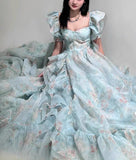 2025 New Fugitive Princess French Retro Niche Design Chopped Flowers Tailed Collar Bubble Sleeve Dress