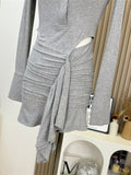 Babes Gray Long-Sleeved Polo Collar Short Dress Girl Niche Fall Sexy Irregular Hollow Dress