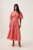 2025 Spring New V-Neck Bubble Sleeve Hollow Solid Color Dress Dress Woman