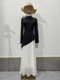 Autumn New Black And White Splicing Temperament Folds To The Waist Show Thin Swing Dress Women