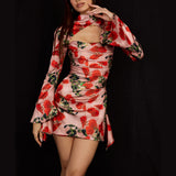 Dress Hollow Sexy Floral Dress Print Collar Cheongsam Dress
