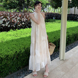 Summer Dress French Apricot Embroidered Hanging Neck Dress Sleeveless Shoulder Big Skirt Holiday Dress Dress
