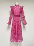 French Retro Elegant Style Embroidery Dress Collared Cardigan High-Waist A-Shaped Dress