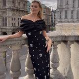 Autumn Elegant Fashion Butterfly Bow Hot Diamond Bandage Evening Dress Women's One-Word Shoulder Dress