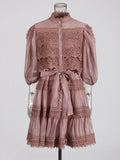 Luxury Wind Hollow Lace Splicing 2025 Summer New Lantern Sleeve Buckle Long Solid Female Dress