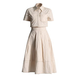 Lace Embroidery Set 2025 Spring New Collar Short-Sleeved Shirt High-Waist Long Dress Solid Color Woman