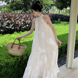 Summer Dress French Apricot Embroidered Hanging Neck Dress Sleeveless Shoulder Big Skirt Holiday Dress Dress