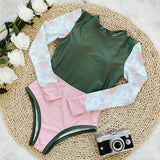 New Swimsuit Solid Color Print Splicing Long-Sleeved Surfsuit Sexy Bareback Swimsuit Woman Swimsuit DJPT