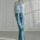 2025 Spring And Summer Ice Blue Wave Ribbon Lace Strapped Clothes