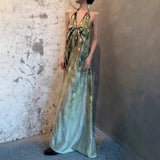 High-End Spring-Summer New Holiday Wind Hanging Shoulder Dress V Neck Strapped Bare Back Dress