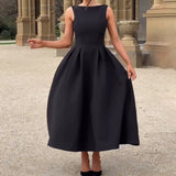 Women's Hepburn Style Solid Round-Neck Sleeveless Dress In Autumn 2024