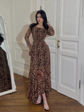 2024 New Chiffon Leopard-Print Lotus Sleeve Temperament Long Splicing Irregular Dress
