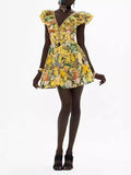 Lady Holiday Style Sexy V Collar Leaves With No Sleeves To Close The Waist Thin Yellow Print A-Shaped Dress Skirt